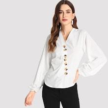 Shein Single Breasted Bishop Sleeve Blouse
