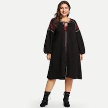 Shein Plus Tassel Tie Neck Bishop Sleeve Embroidered Dress
