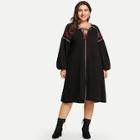 Shein Plus Tassel Tie Neck Bishop Sleeve Embroidered Dress