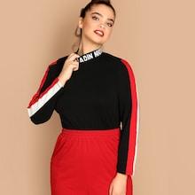 Shein Plus Mock-neck Striped And Letter Fitted Tee