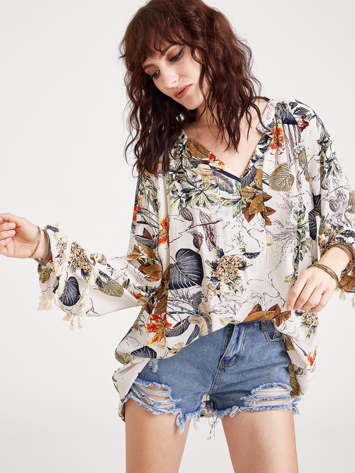 Shein Tropical Print V Neck Fringe Trim Blouse
