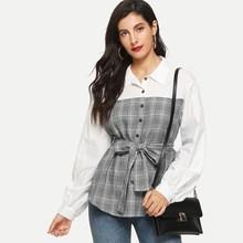 Shein Cut And Sew Belted Plaid Blouse