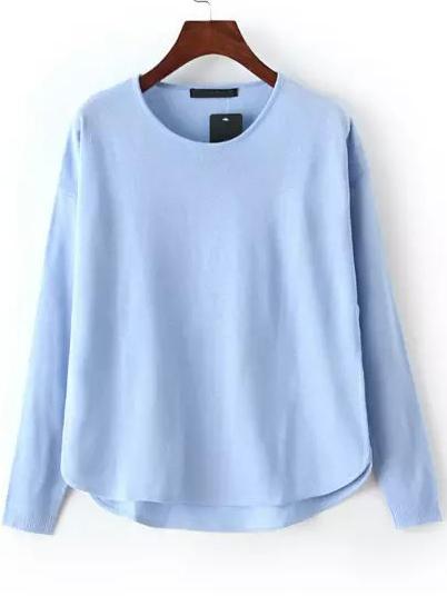 Shein Blue Round Neck Dip Hem Knit Sweater