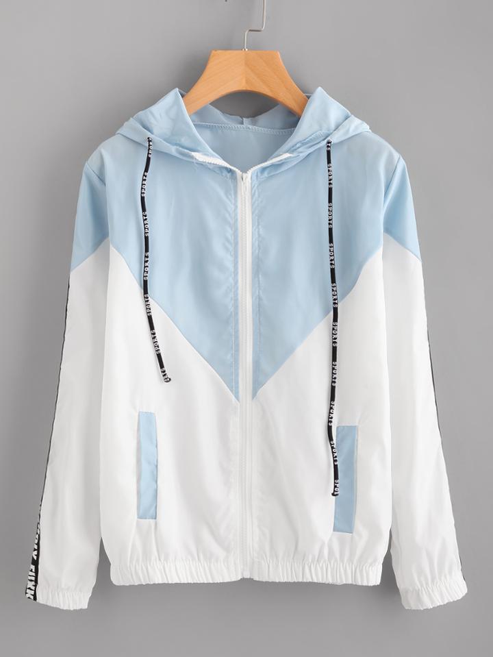 Shein Hooded Drawstring Color Block Zip Up Jacket