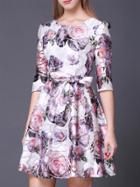 Shein Multicolor Organza Floral Jacquard Tie-waist Dress