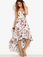 Shein White Floral Print High Low Strapless Dress