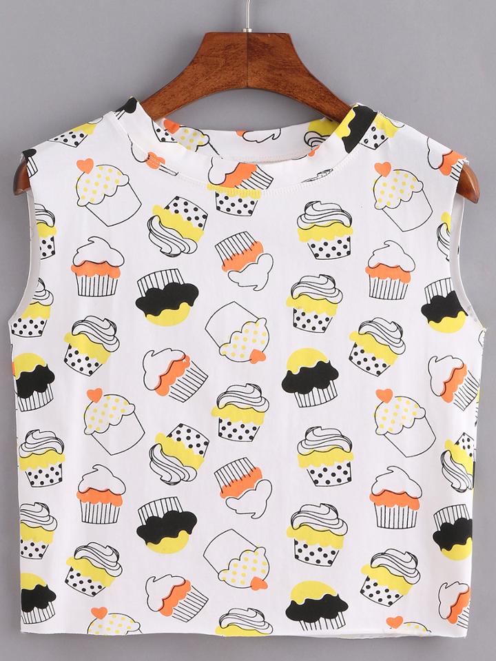 Shein Cupcake Print Crop Tank Top - White