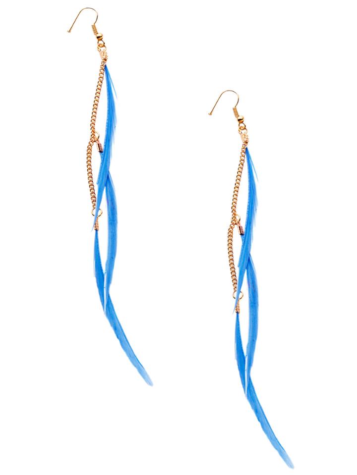 Shein Blue Boho Slim Feather Long Drop Earrings