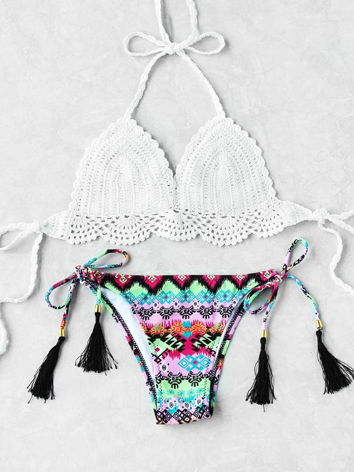 Shein Tassel Tie Mix & Match Crochet Bikini Set