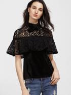Shein Bow Neck Crochet Shoulder Frill Velvet Top
