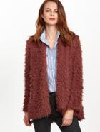 Shein Brown Collarless Open Front High Low Fluffy Coat
