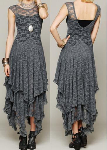 Rosewe Grey Round Neck Multilayer Asymmetric Maxi Dress