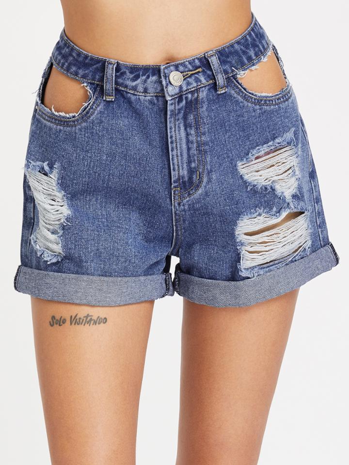 Shein Cut Out Ripped Cuffed Denim Shorts