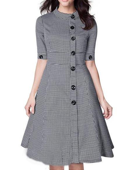 Shein Black White Stand Collar Buttons Plaid Dress
