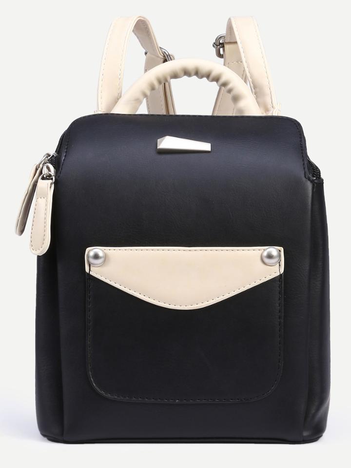 Shein Black Faux Leather Top Zip Structured Backpack