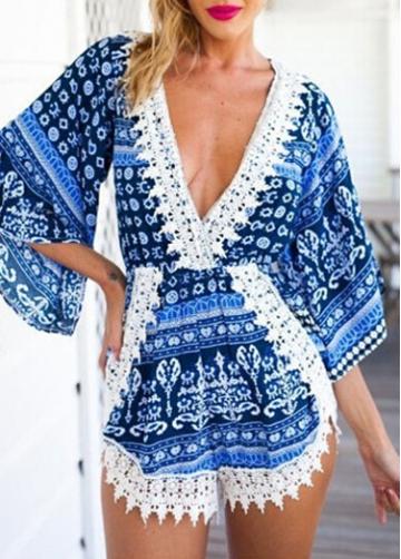 Rosewe V Neck Lace Crochet Printed Rompers