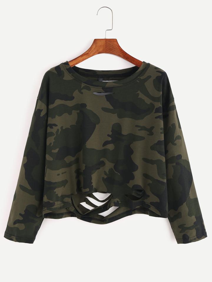Shein Camo Print Ripped Crop T-shirt