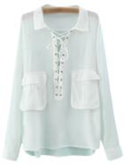 Shein White Long Sleeve Pockets Lace Up Blouse