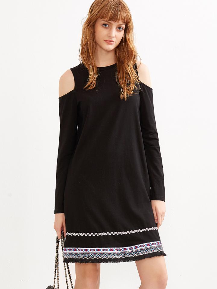 Shein Black Open Shoulder Tribal Print Hem Dress