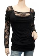 Rosewe Lace Splicing Black Ruched Long Sleeve Blouse