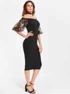 Shein Bardot Dress With Embroidered Mesh Puff Sleeve
