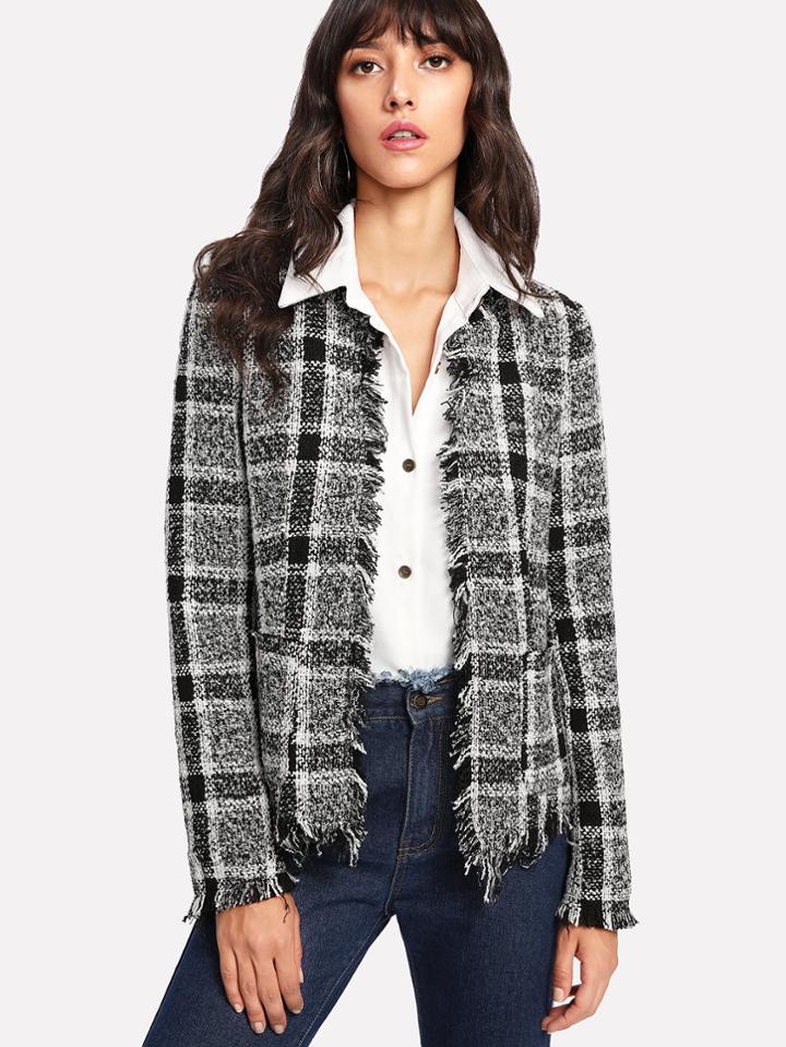 Shein Fringe Trim Open Front Gingham Blazer