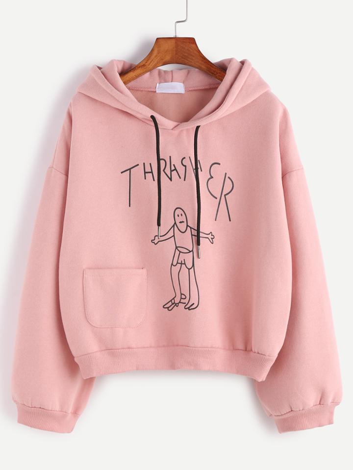 Shein Pink Drawing Print Drop Shoulder Hooded Sweatshirt