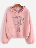 Shein Pink Drawing Print Drop Shoulder Hooded Sweatshirt