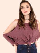 Shein Purple Waffle Knit Open Shoulder Knot Front Batwing T-shirt
