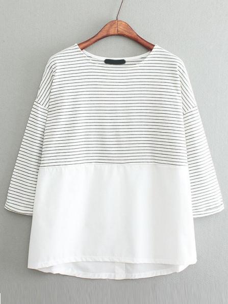 Shein White Black Crew Neck Striped Loose T-shirt