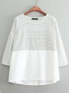 Shein White Black Crew Neck Striped Loose T-shirt
