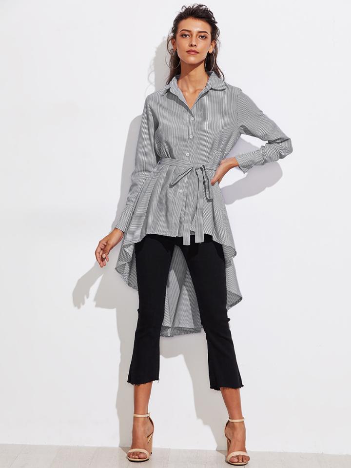 Shein Pinstripe Dip Hem Self Tie Shirt