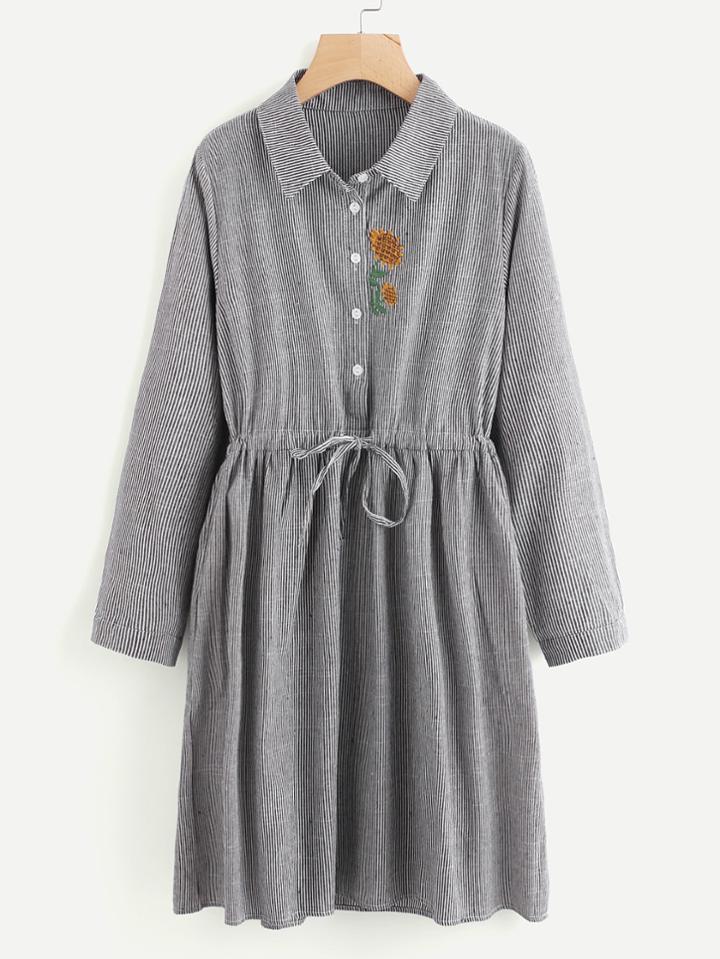 Shein Sunflower Embroidery Drawstring Striped Shirt Dress