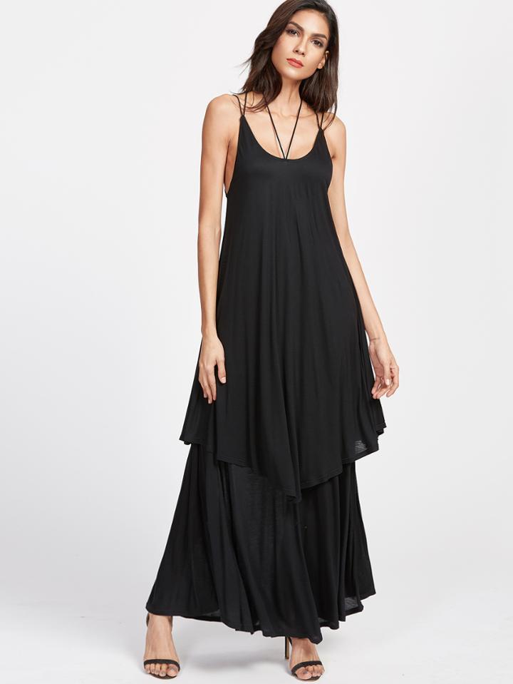 Shein Black Lace Up Back Layered Cami Dress