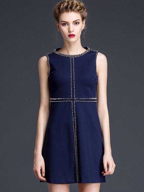 Shein Navy Round Neck Sleeveless Beading Dress