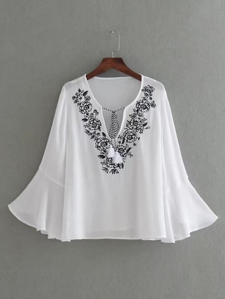 Shein Bell Sleeve Embroidery Tassel Tie Top