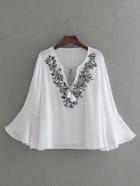 Shein Bell Sleeve Embroidery Tassel Tie Top