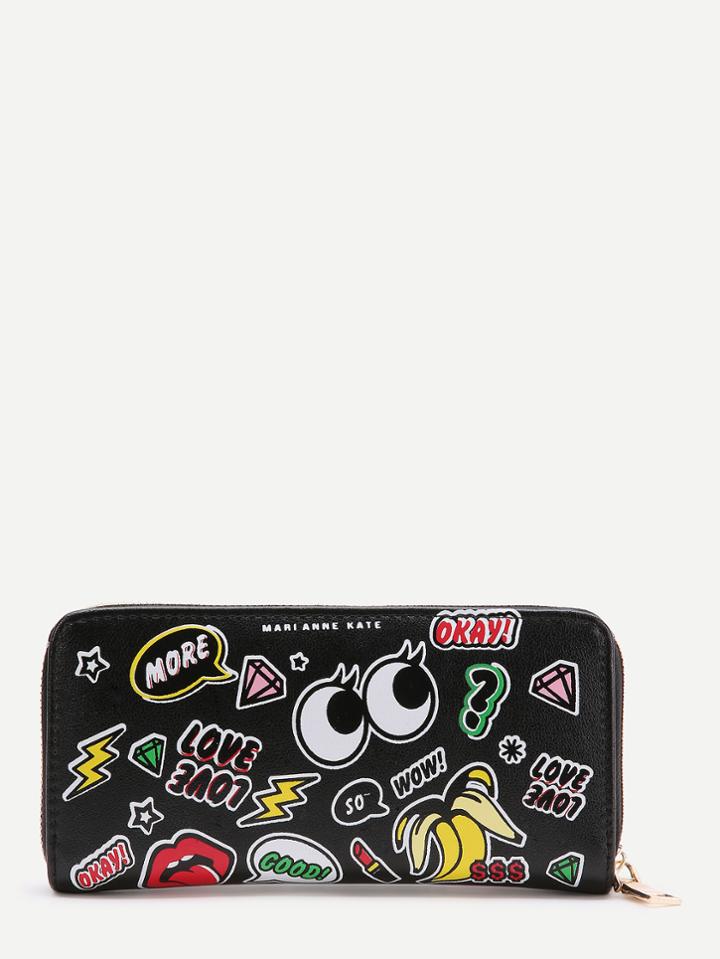 Shein Black Cute Eye Print Zipper Wallet