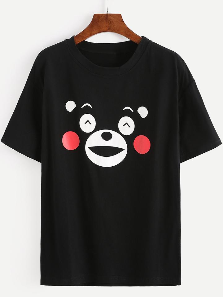 Shein Bear Print Drop Shoulder T-shirt - Black