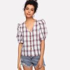 Shein Button Front Puff Sleeve Checked Blouse