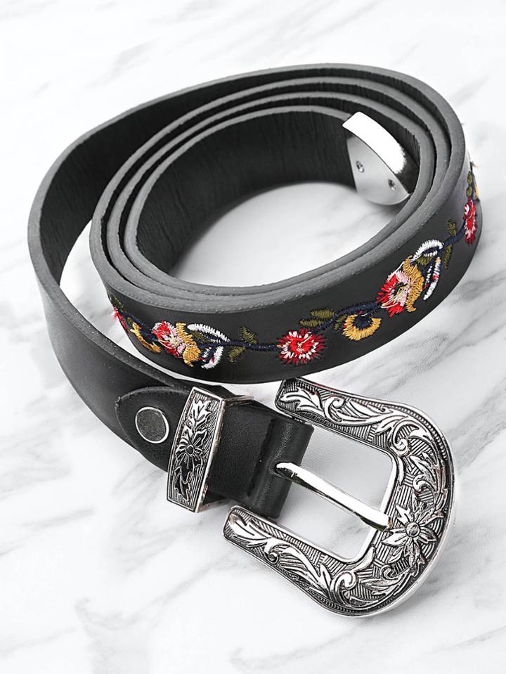 Shein Flower Embroidery Contrast Buckle Belt