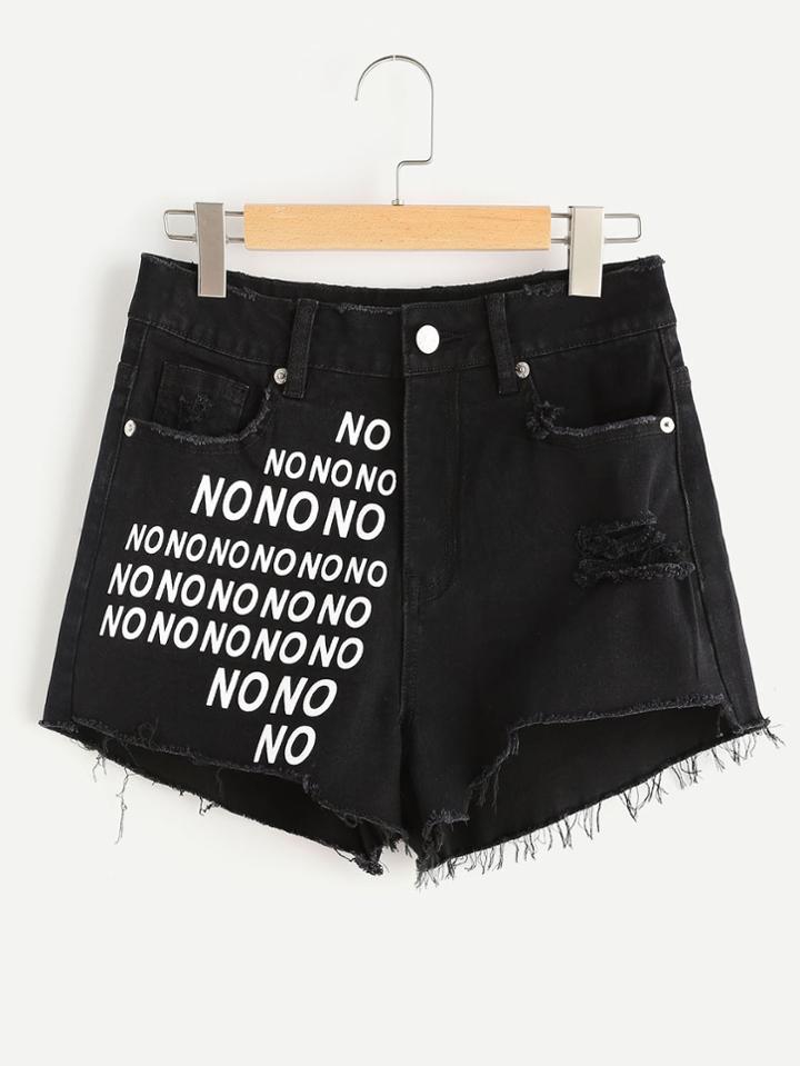 Shein No Print Raw Hem Distressed Denim Shorts