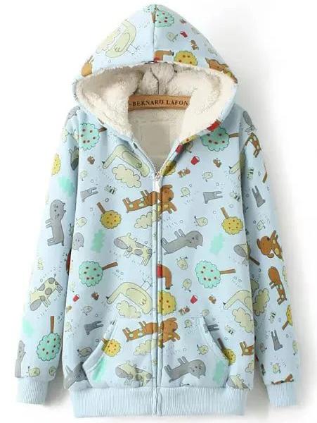 Shein Blue Animal Print Hooded Zipper Coat