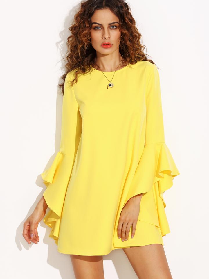 Shein Yellow Crew Neck Ruffle Sleeve Shift Dress