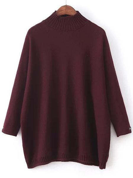 Shein Burgundy Mock Neck Patch Detail Loose Sweater