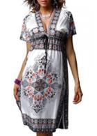 Rosewe Bohemian V Neck Short Sleeve Printed Beach Dress