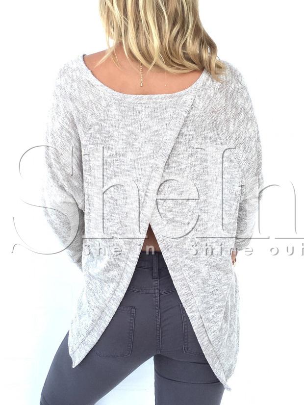 Shein Grey Crew Neck Split Back With Lace T-shirt