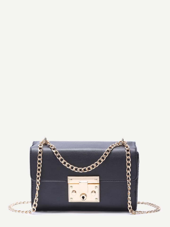 Shein Black Faux Leather Boxy Shoulder Bag With Golden Chain