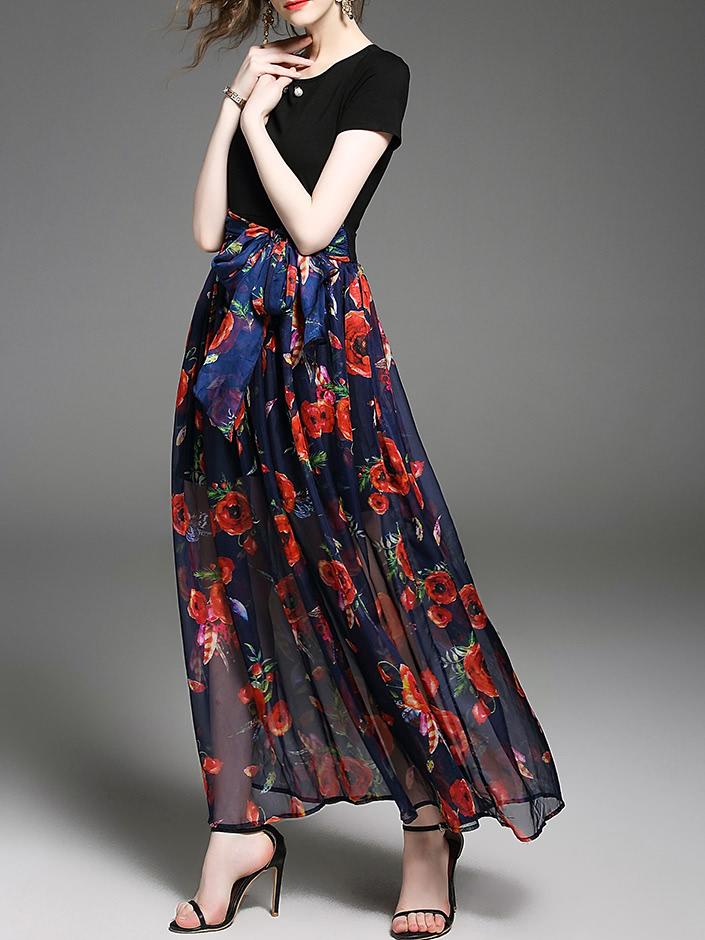 Shein Flowers Print Sheer Combo Dress