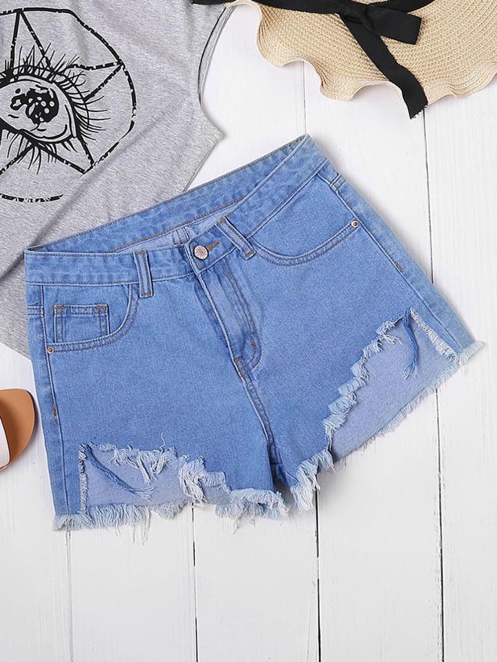 Shein Bleach Wash Asymmetric Hem Frayed Denim Shorts